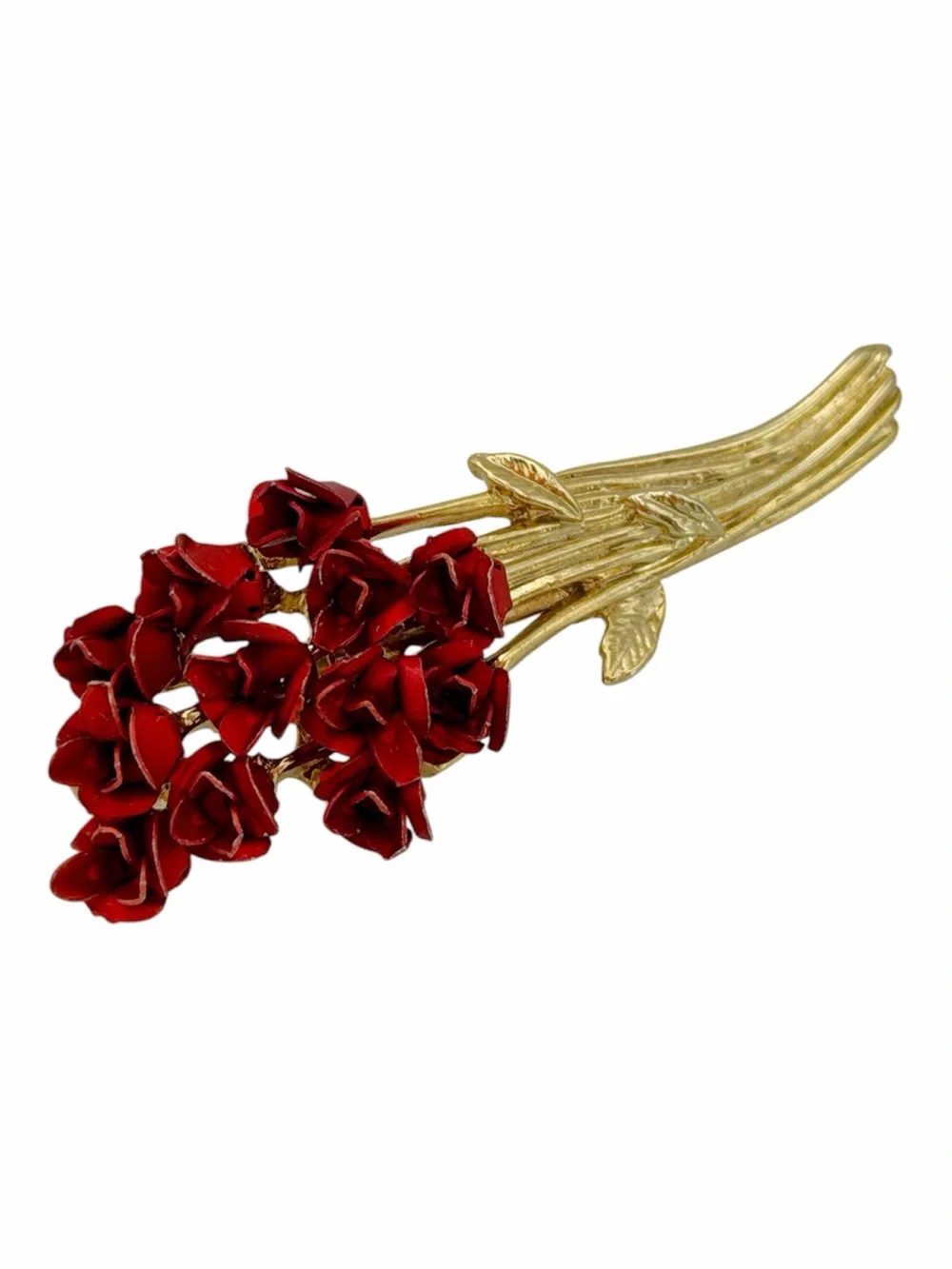 Vintage Gold-Tone Rose Bouquet Brooch Pin with Red Enamel Flowers Signed DM 97